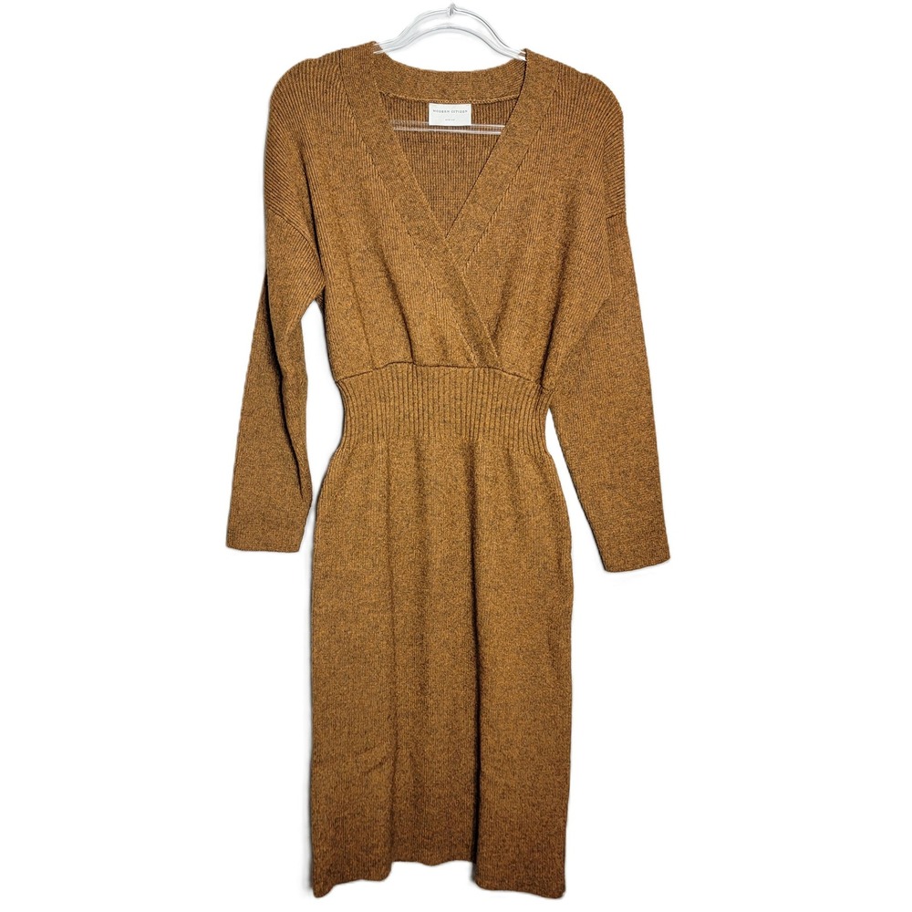 Modern Citizen Esther V-Neck Sweater Dress Medium Camel Brown Ribbed Knit Midi